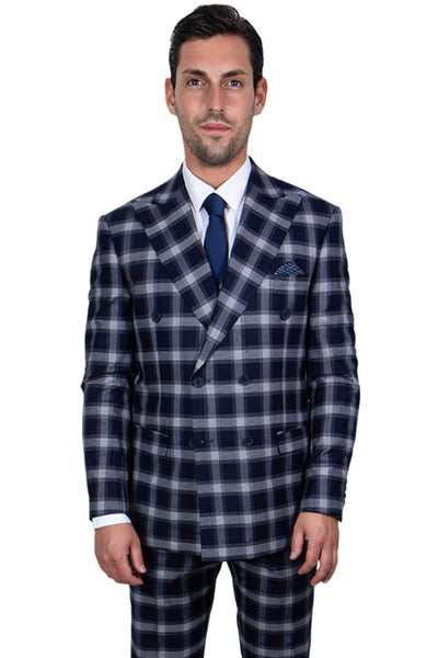 Men's Stacy Adams Double Breasted Suit in Bold Navy Windowpane Plaid ...