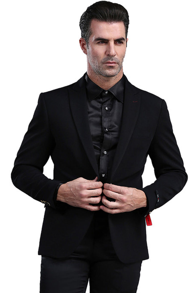 Men's One Button Peak Lapel Skinny Fit Blazer in Black