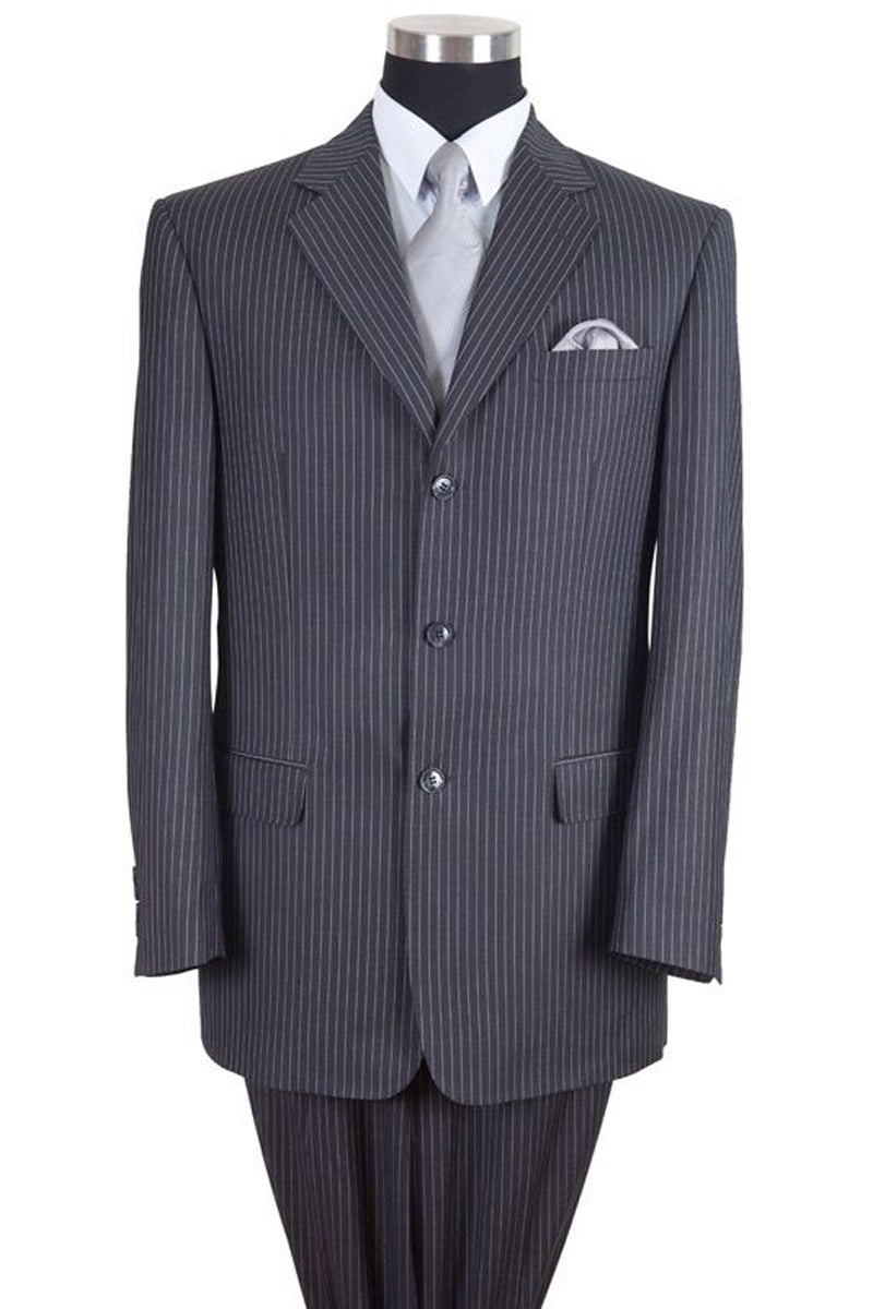 Mens Classic Fit 3 Button Banker Pinstripe Suit in Grey