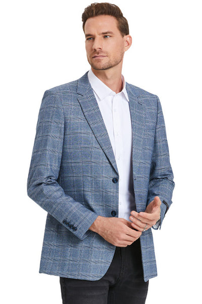 Men's Slim Fit Business Casual Light Blue Plaid Sport Coat