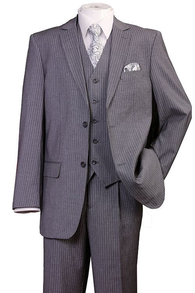 Mens 2 Button Vested 1920's Bold Gangster Pinstripe Suit in Grey