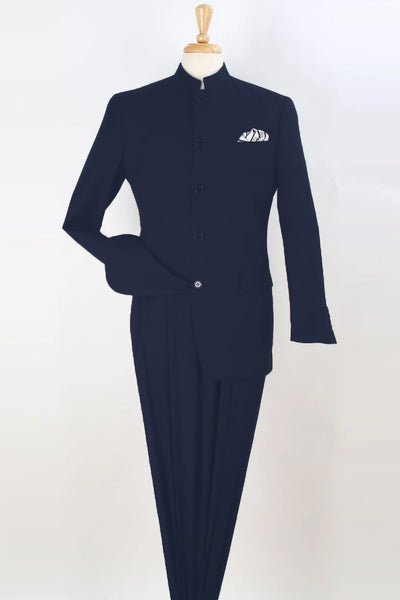 Mens Five Button Mandarin Banded Collar Fashion Suit in Navy Blue
