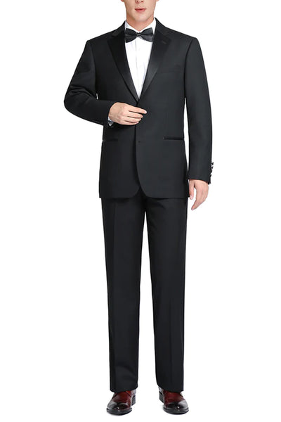Mens Traditional Two Button Classic Fit Notch Lapel Wool Tuxedo in Black