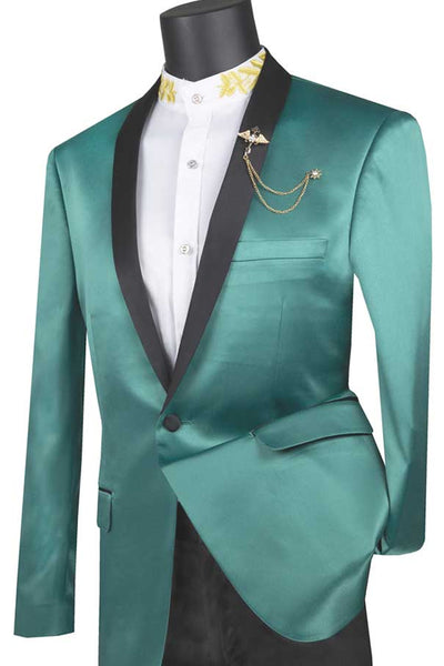 Mens Slim Fit One Button Shiny Satin Tuxedo Jacket in Teal Green
