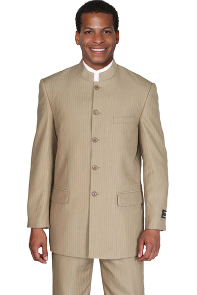 Mens 5 Button Mandarin Pinstripe Suit in Tan