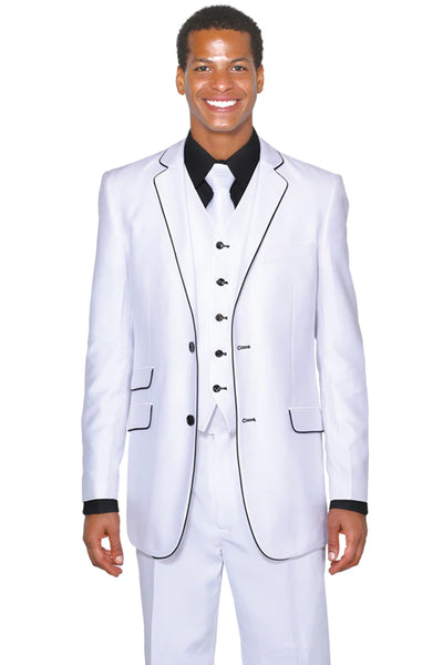 Mens Vested Slim Fit Shiny Sharkskin Tuxedo Suit in White with Black Piping
