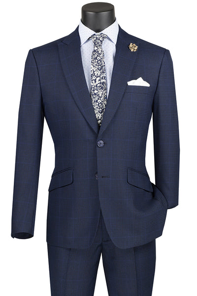 Mens 2 Button Modern Fit Peak Lapel Plaid Suit in Navy Blue