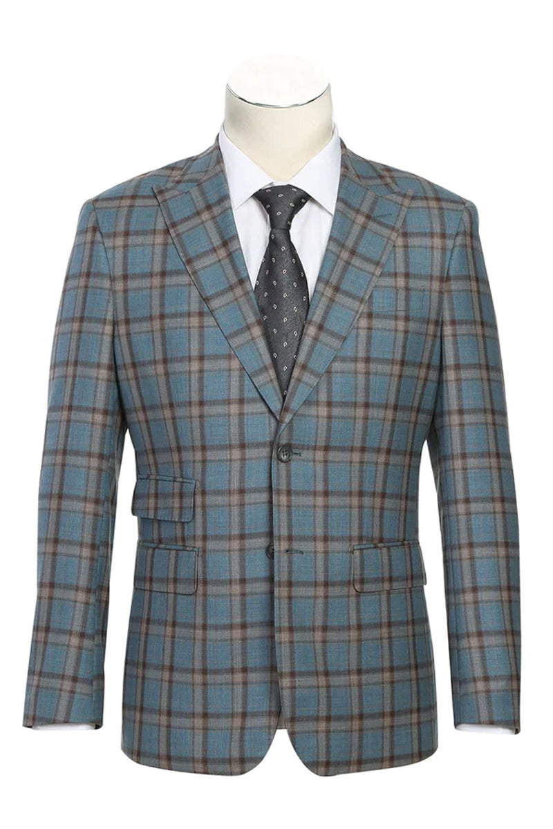 Mens English Laundry Two Button Slim Fit Peak Lapel Wool Suit in Grey & Bronze Windowpane Plaid Check