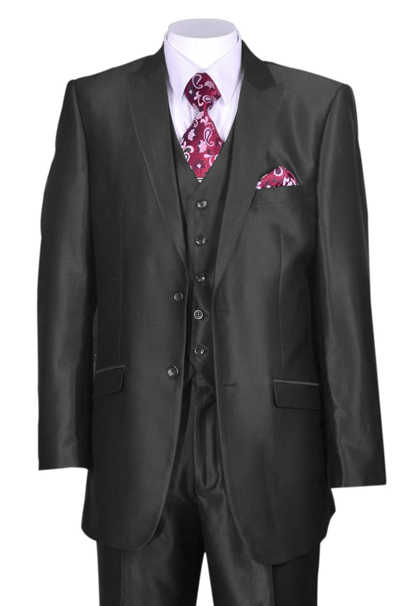 Mens 2 Button Vested Slim Fit Shiny Sharkskin Suit in Black