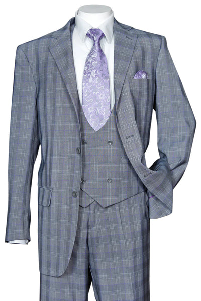 Mens Modern Fit Plaid Windowpane Suit with Double Breasted Scoop Vest in Grey