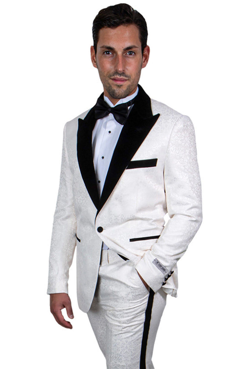 Men's Stacy Adams Paisley Prom & Wedding Tuxedo in Ivory & Black