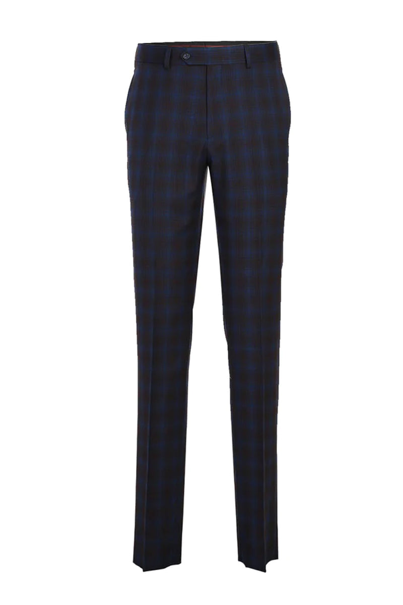 Mens Designer Two Button Slim Fit Peak Lapel Suit in Navy Blue & Burgundy Windowpane Plaid Check