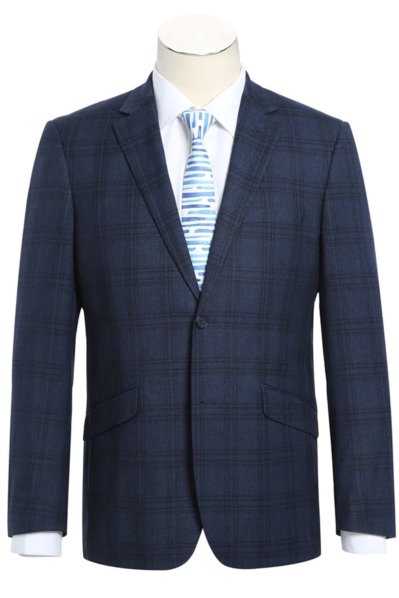 Mens Two Button Slim Fit Two Piece Hack Pocket Stretch Suit in Navy Blue Windowpane Plaid