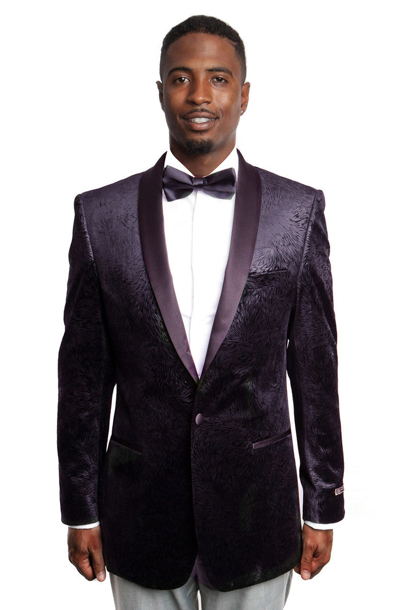 Men's Floral Pattern Velvet Tuxedo Prom Dinner Jacket in Dark Burgundy Plum