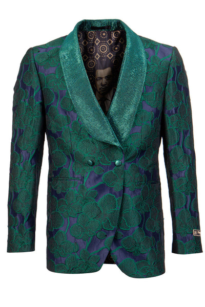 Men's Double Breasted Shiny Floral Embroidered Tuxedo Dinner Jacket in Green