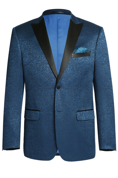 Mens Two Button Peak Lapel Paisley Prom Tuxedo Blazer in Teal Blue