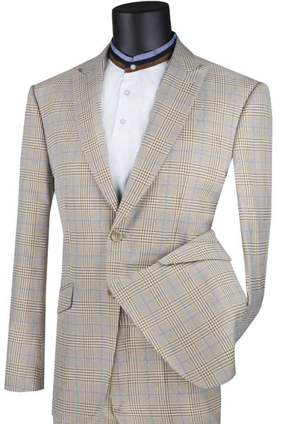 Mens 2 Button Modern Fit Peak Lapel Plaid Suit in Tan
