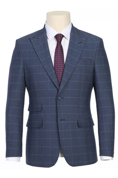 Mens English Laundry Two Button Slim Fit Peak Lapel Suit in Pale Blue Windowpane Plaid