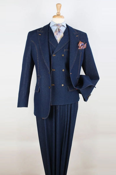 Mens Two Button Peak Lapel Double Breasted Vest Denim Suit in Blue