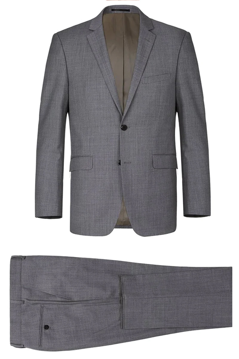 Mens Basic Two Button Slim Fit Wool Suit with Optional Vest in Grey