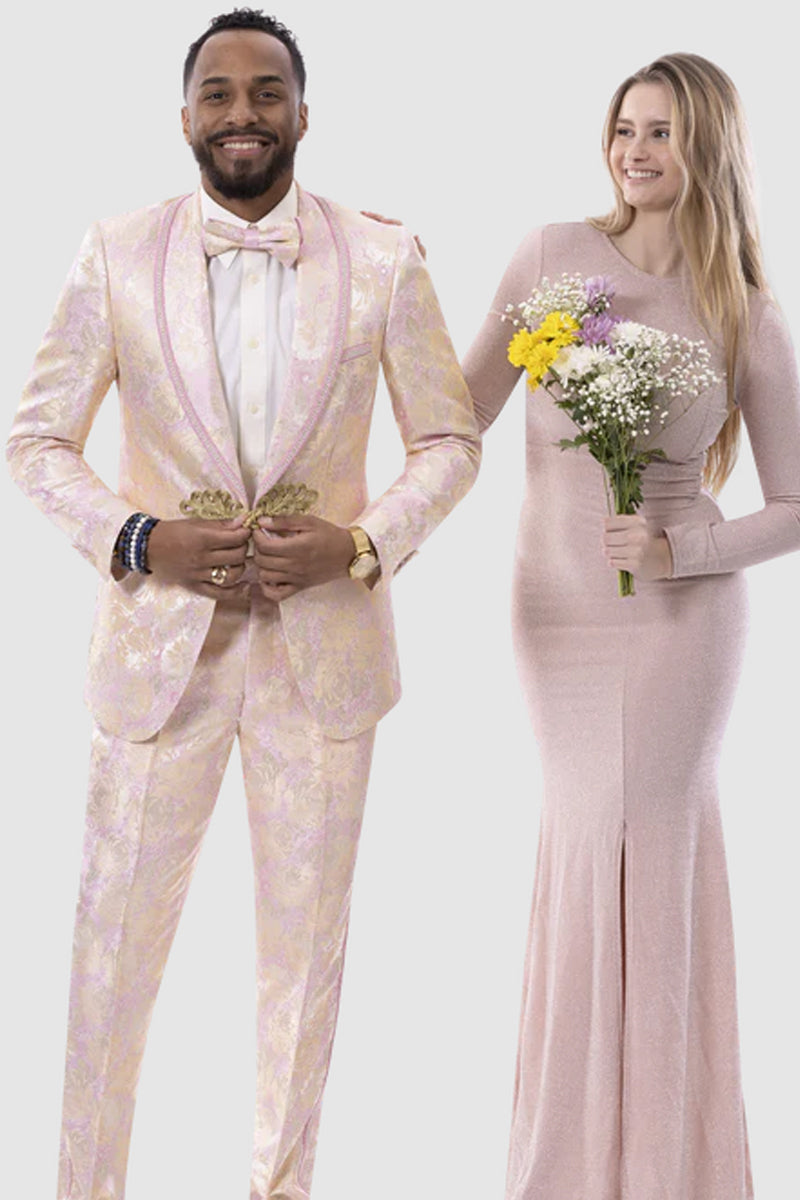 Mens Gold & Pink Wedding & Prom Smoking Jacket Tuxedo