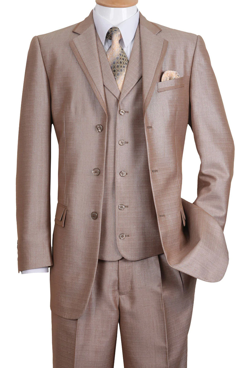 Mens 3 Button Vested Textured Shiny Sharkskin Church Suit in Tan