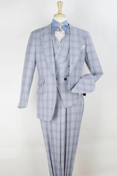 Mens 100% Merino Wool One Button Wide Peak Lapel Vested Suit in Light Grey Windowpane