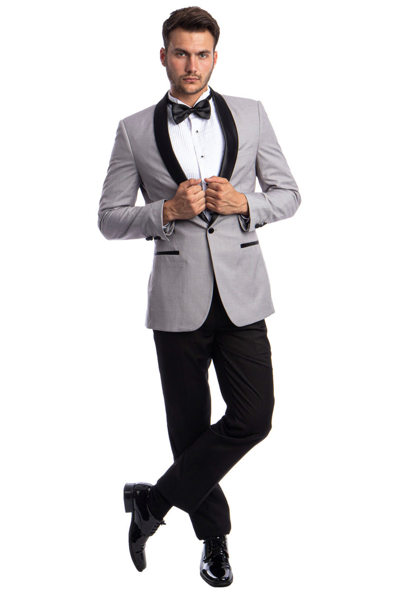 Men's Skinny Fit One Button Shawl Prom Tuxedo in Light Grey