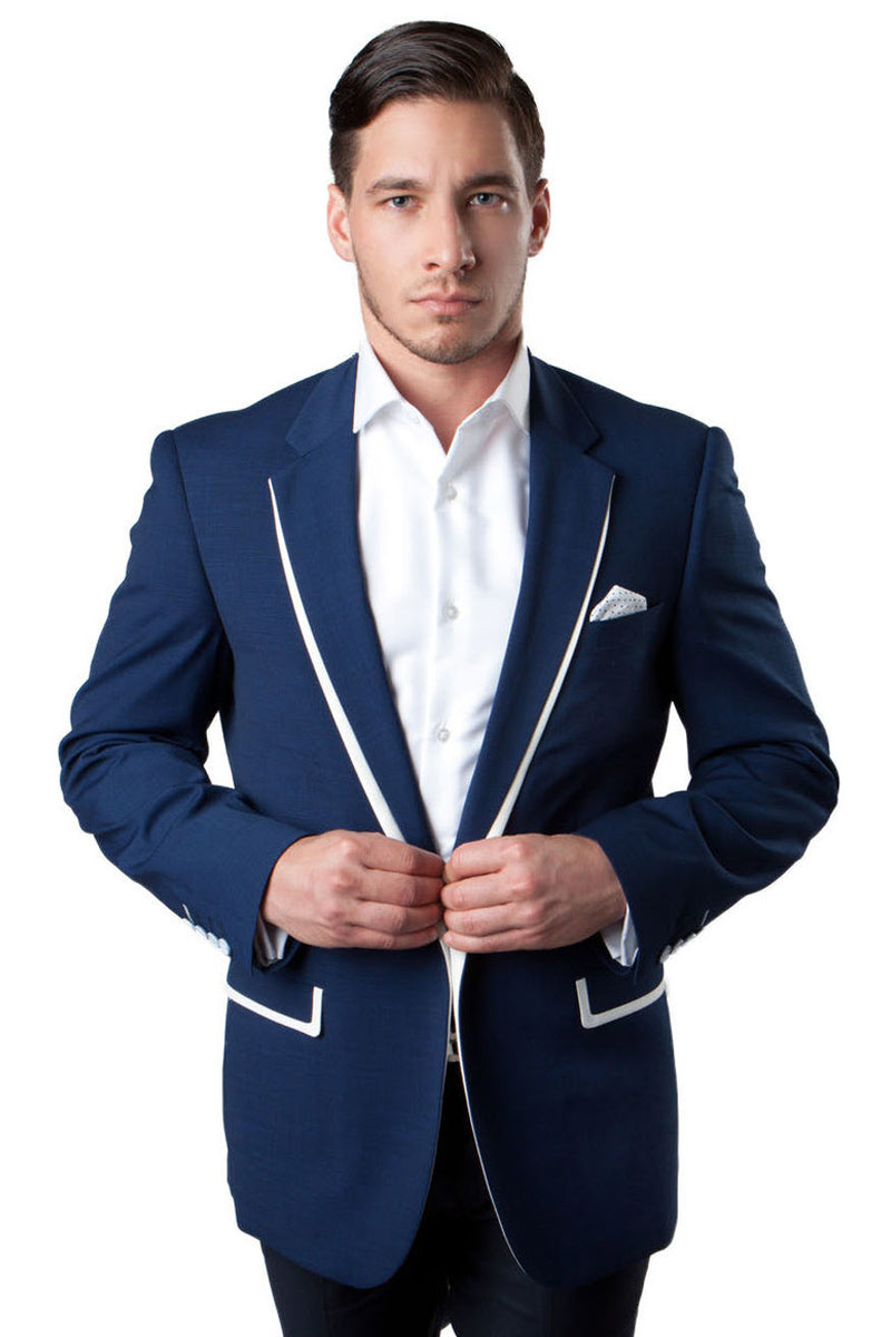 Men's One Button Summer Blazer in Dark Blue with White Trim