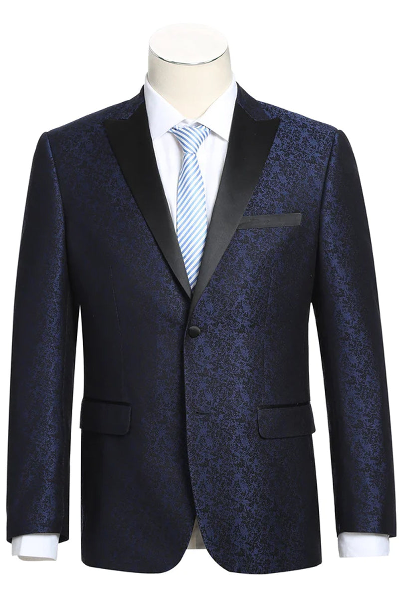 Mens Two Button Peak Lapel Paisley Prom Tuxedo Blazer in Navy Blue ...