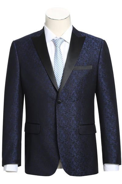 Mens Two Button Peak Lapel Paisley Prom Tuxedo Blazer in Navy Blue
