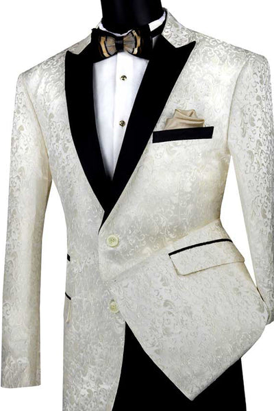 Mens Paisley Embroidered Regular Fit Sport Coat Tuxedon in Ivory
