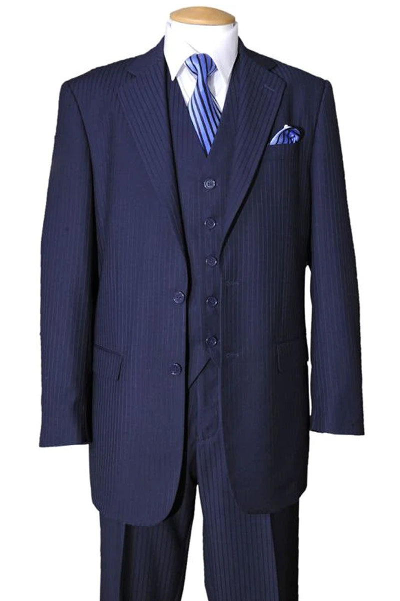 Mens 2 Button Vested Wool Feel Tonal Pinstripe Suit in Navy