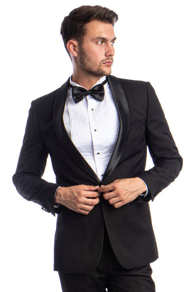 Men's Skinny Fit One Button Shawl Prom Tuxedo in Black