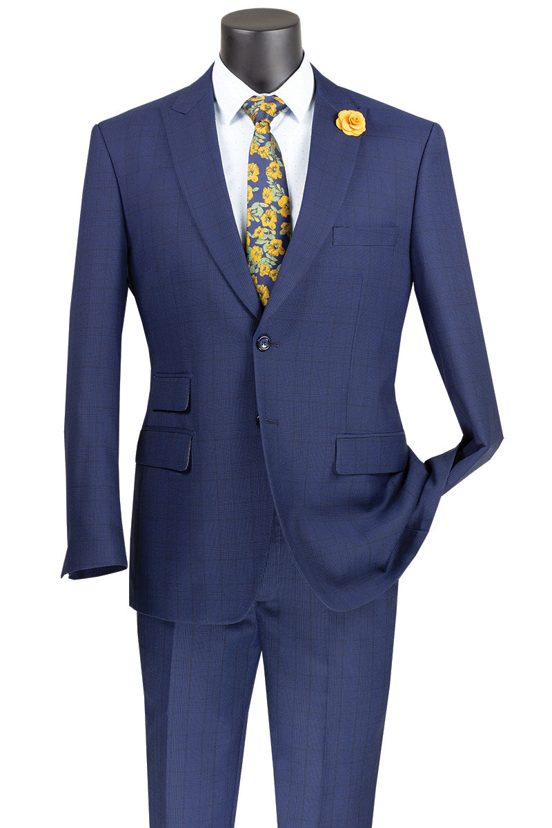 Mens 2 Button Vested Wide Peak Lapel Suit in Indigo Plaid main image 1