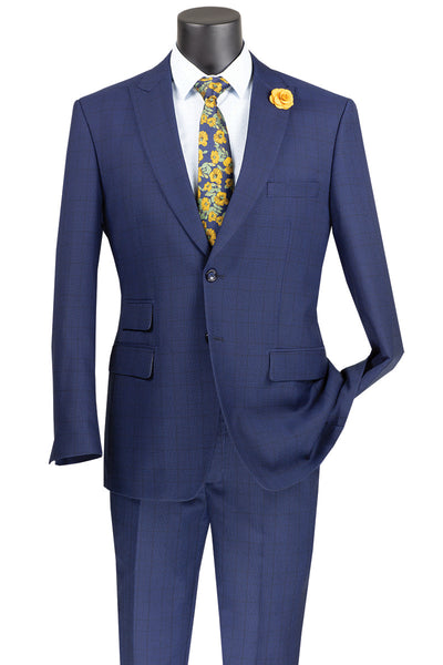 Mens 2 Button Modern Fit Peak Lapel Plaid Suit in Blue