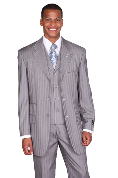 Mens 3 Button Vested Tonal Pinstripe Fashion Suit in Grey