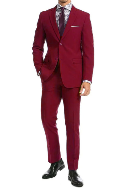 Mens Two Button Modern Fit Wool Feel Suit in Burgundy
