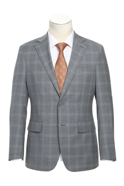Mens English Laundry Two Button Slim Fit Notch Lapel Wool Suit in Light Grey Windowpane Plaid Check