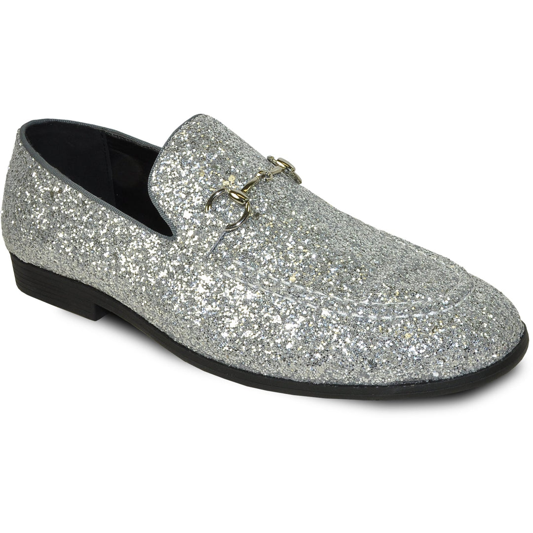 Men\'s Silver Leather Glitter Sparkly Loafers Slip On Tuxedo Formal Events Shoes Mens Silver Glitter Sparkle Spike Formal Dress Loafers Shoes  main image 4
