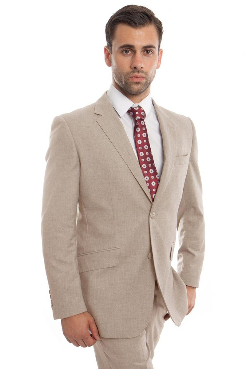 Men's Designer Two Button Modern Fit Wool Suit in Tan