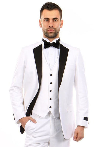 Men's Slim Fit Two Button Vested Notch Tuxedo in Black & White