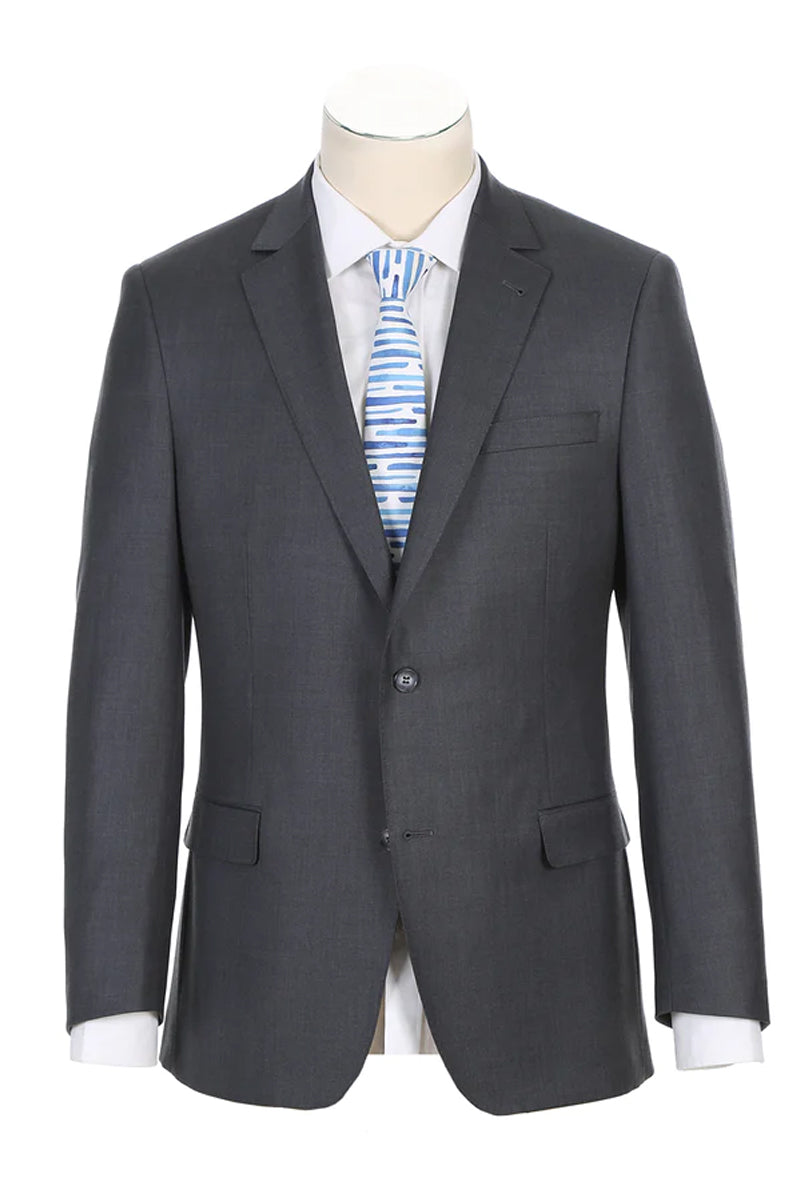 Mens Designer Two Button Classic Fit Half Canvas Wool Suit in Steel Grey