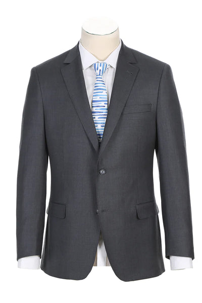 Mens Designer Two Button Modern Fit Half Canvas Wool Suit in Steel Grey