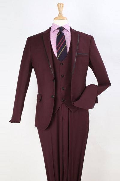 Mens Two Button Clim Fit Vested Prom Tuxedo Suit with Trim in Burgundy