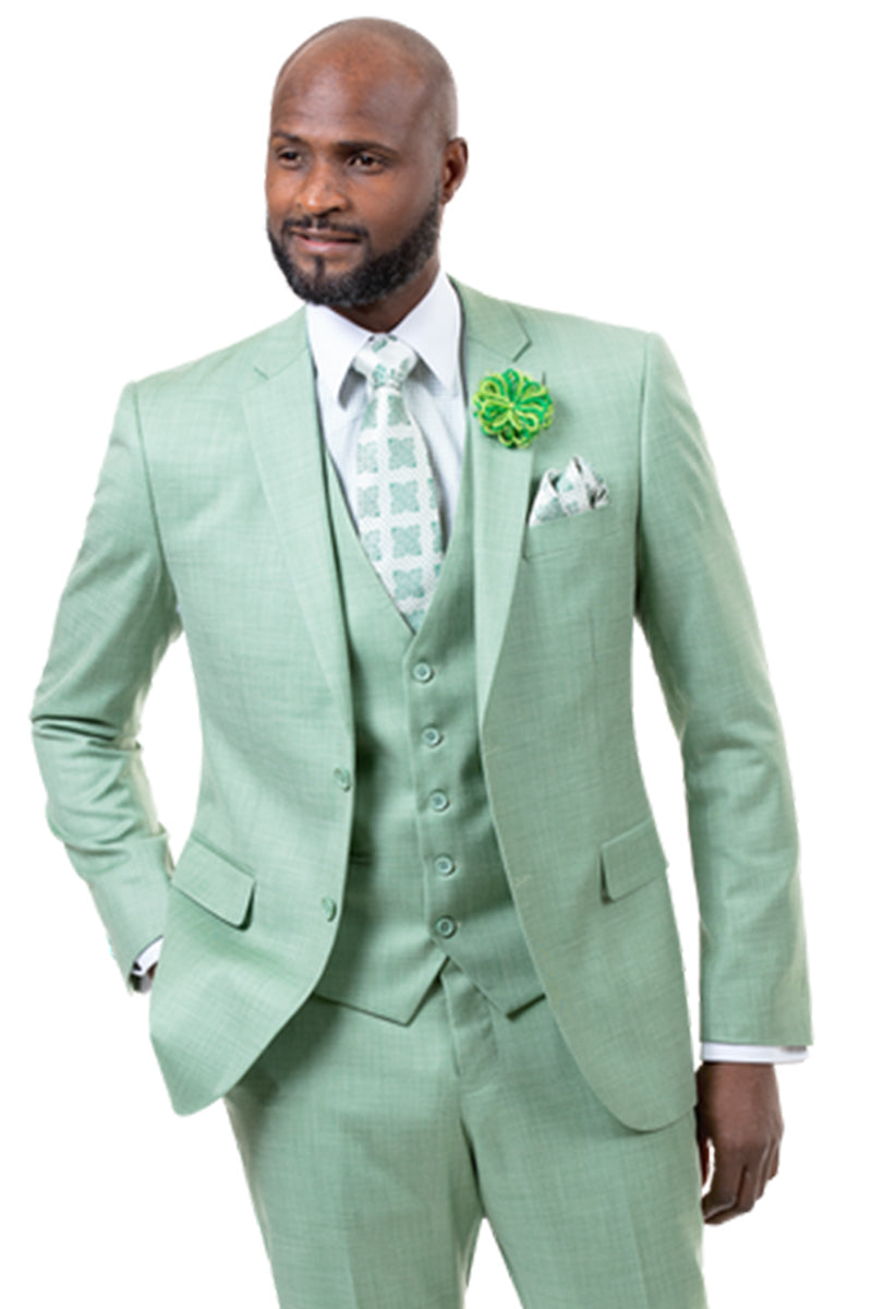 Mens Two Button Vested Sharkskin Weave Business Suit in Moss Green