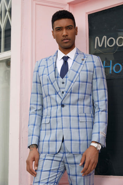 Men's Vested Stacy Adam's Peak Lapel Fancy Plaid Suit in Grey & Blue Windowpane Plaid