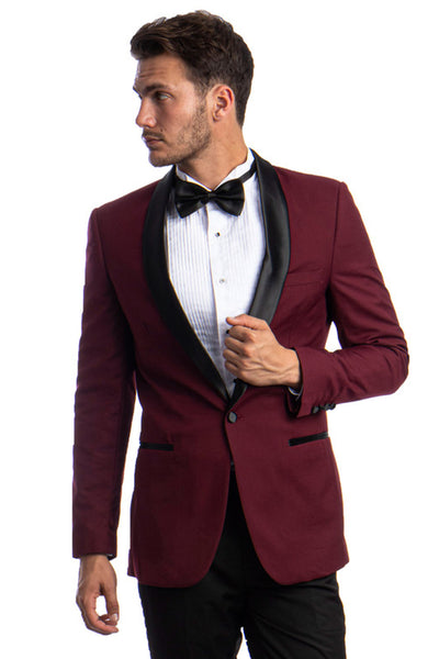 Men's Skinny Fit One Button Shawl Prom Tuxedo in Burgundy