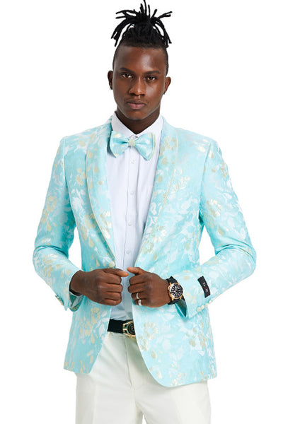 Men's Slim Fit Paisley Foil Print Prom & Wedding Dinner Jacket Blazer in Mint Green & Gold