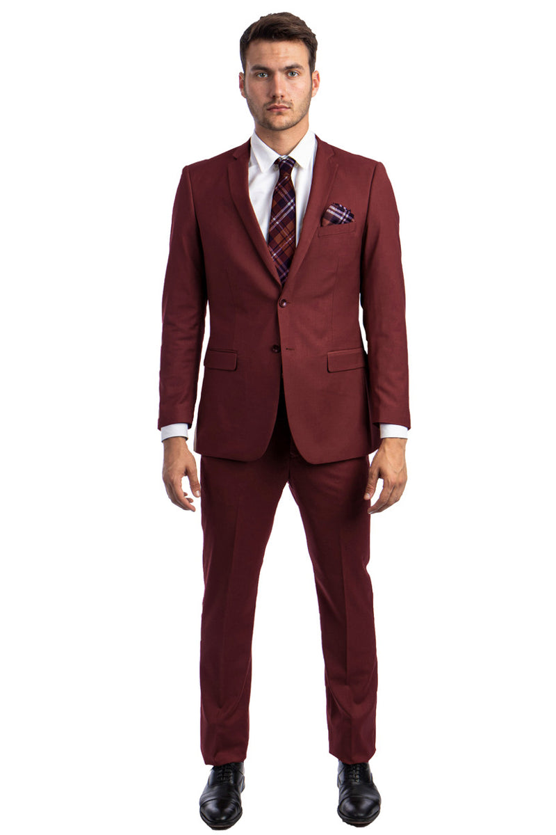 Men's Basic 2 Button Slim Fit Wedding Suit in Burgundy 50 Long / Burgundy
